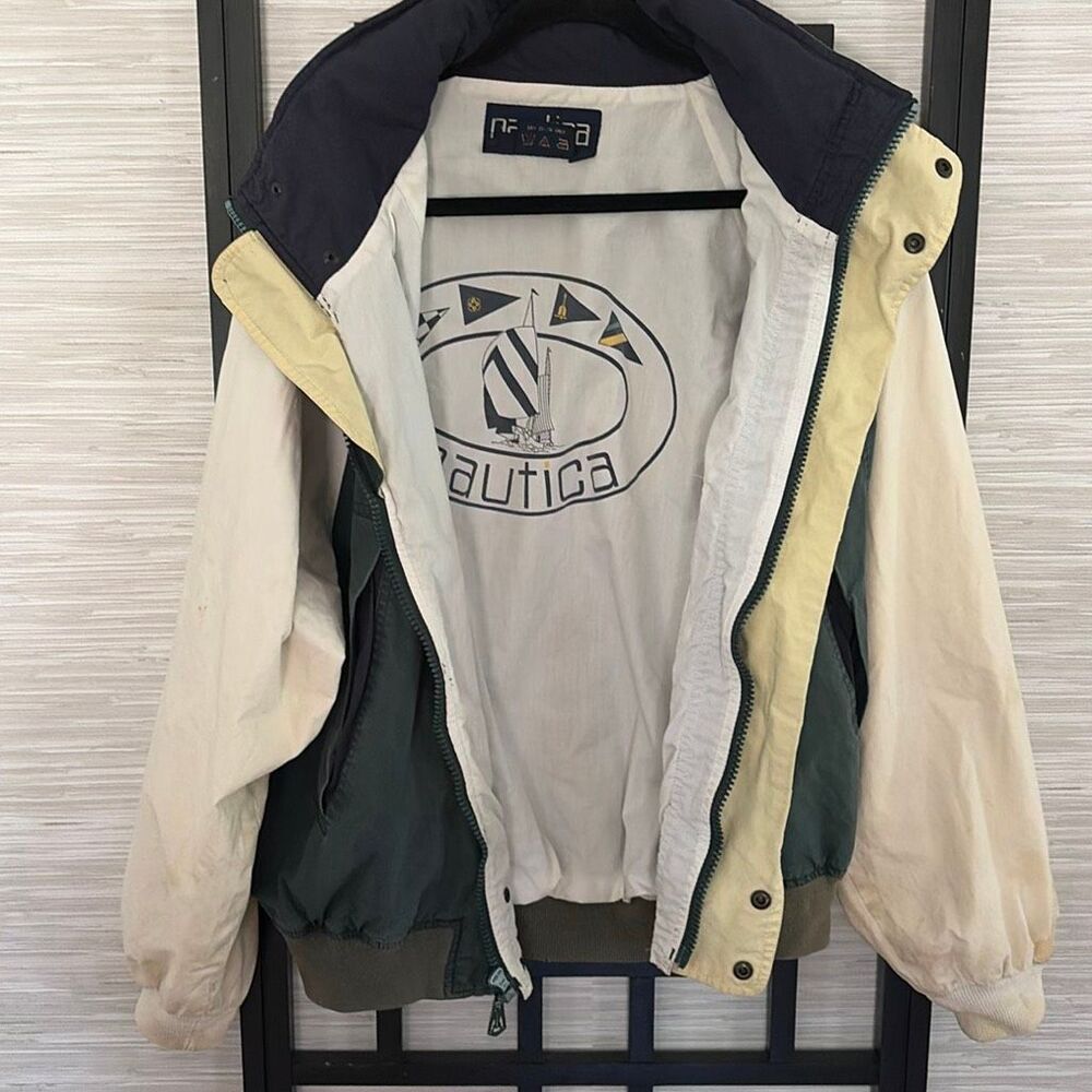 Nautica vintage color block, green, beige jacket with Hideaway hood, size l